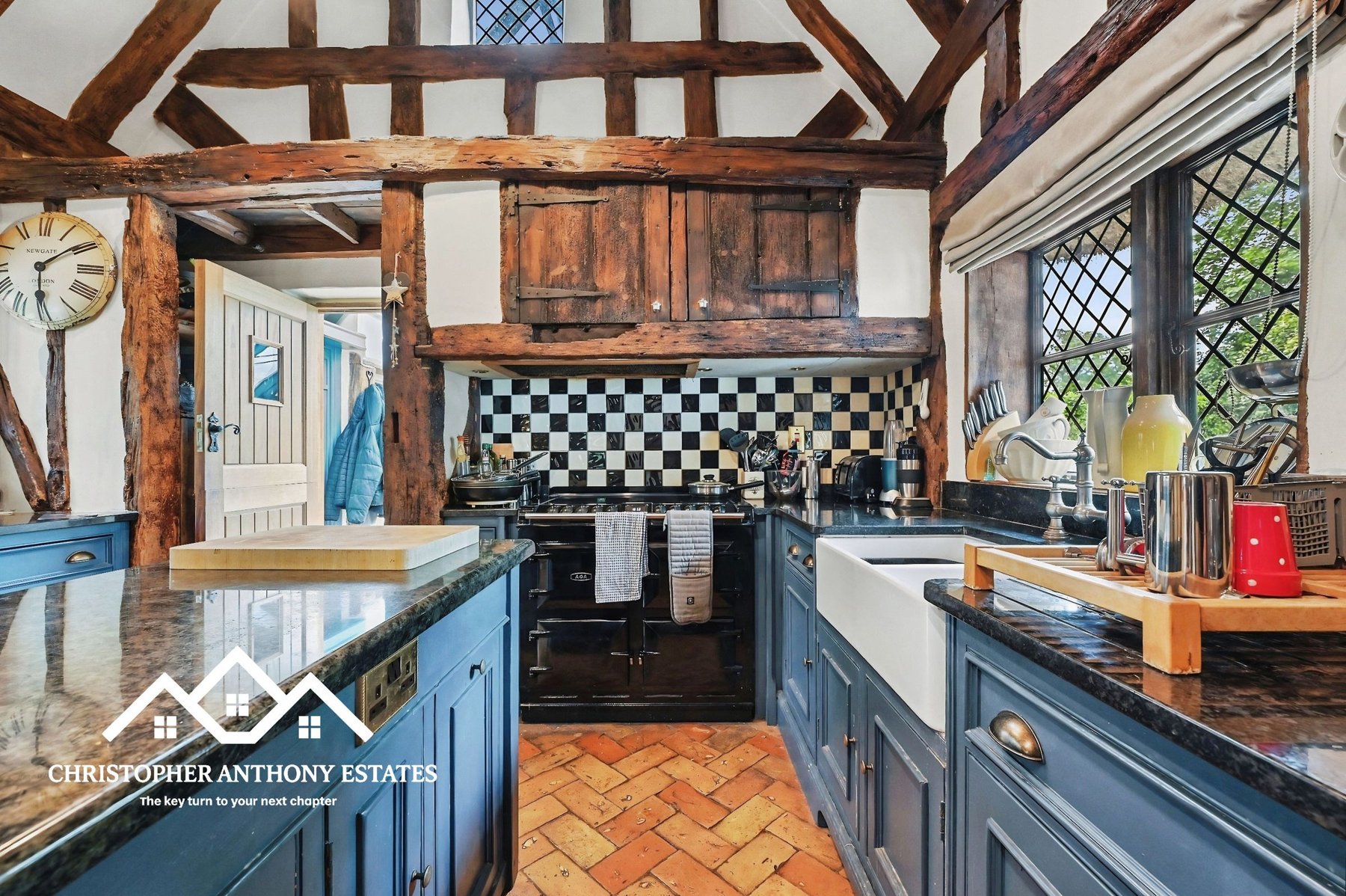 The vaulted kitchen ceiling and island at Hospytts
